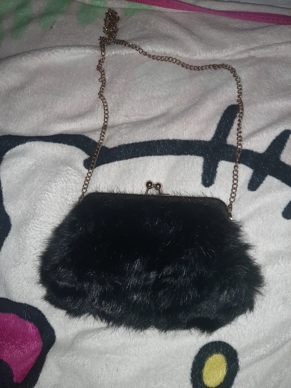 Black Faux Fur Chain Crossbody Bag